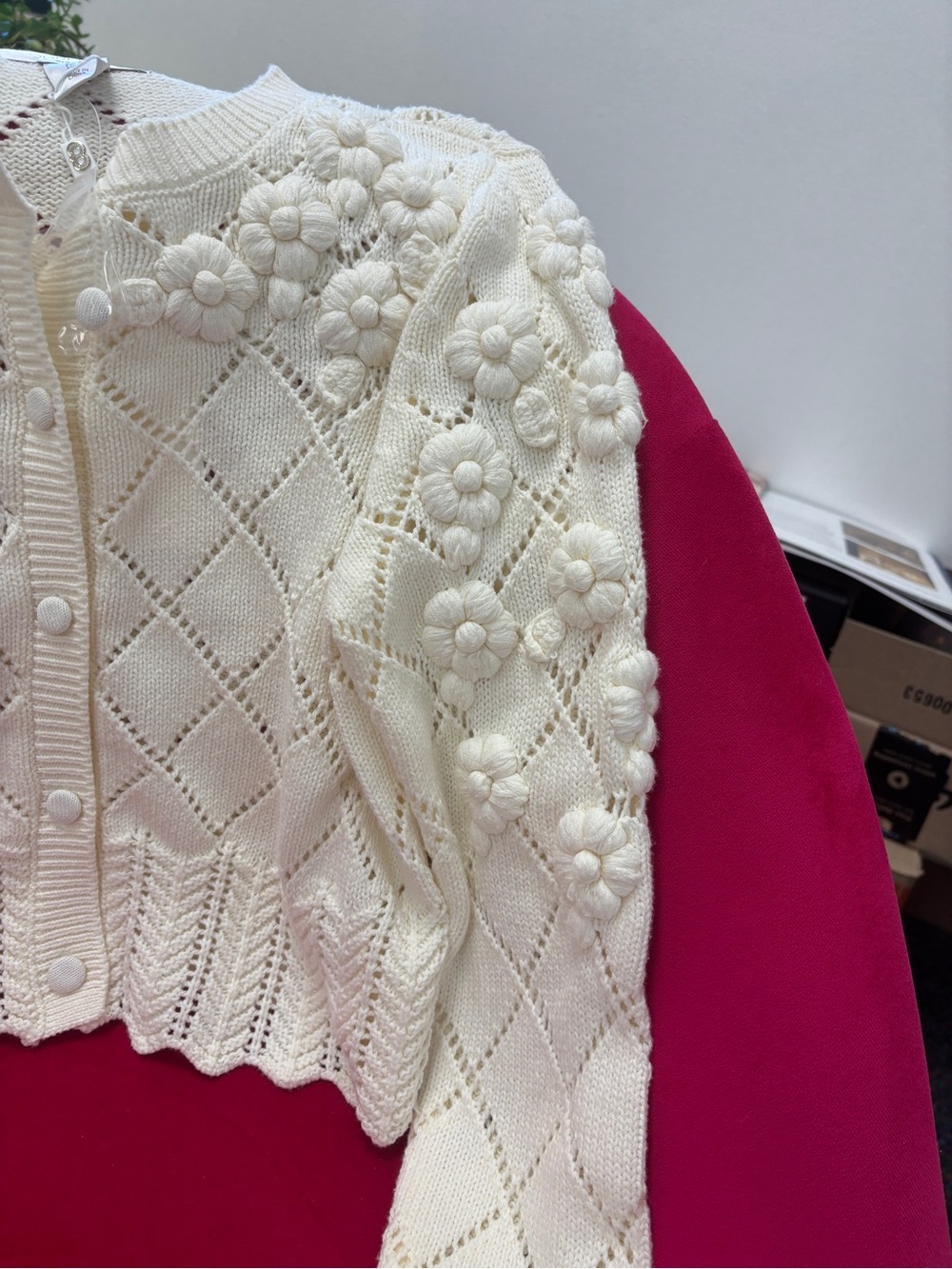 New Caroline Constas Cream Floral Knit Button-Up Women's Sweater Cardigan small - Picture 4 of 15